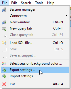 Export settings in HeidiSQL